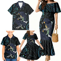 New Zealand Huia Bird Family Matching Mermaid Dress and Hawaiian Shirt Paua Shell Maori Pattern LT22 - Polynesian Pride