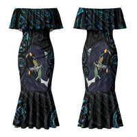 New Zealand Huia Bird Family Matching Mermaid Dress and Hawaiian Shirt Paua Shell Maori Pattern LT22 Mom's Dress Black - Polynesian Pride
