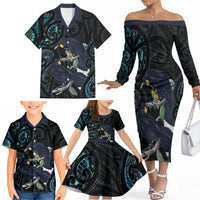 New Zealand Huia Bird Family Matching Off The Shoulder Long Sleeve Dress and Hawaiian Shirt Paua Shell Maori Pattern LT22 - Polynesian Pride