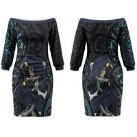 New Zealand Huia Bird Family Matching Off The Shoulder Long Sleeve Dress and Hawaiian Shirt Paua Shell Maori Pattern LT22 Mom's Dress Black - Polynesian Pride
