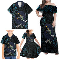 New Zealand Huia Bird Family Matching Off Shoulder Maxi Dress and Hawaiian Shirt Paua Shell Maori Pattern