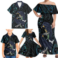 New Zealand Huia Bird Family Matching Off Shoulder Maxi Dress and Hawaiian Shirt Paua Shell Maori Pattern LT22 - Polynesian Pride