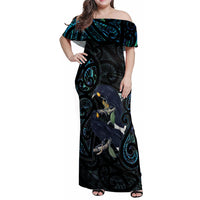 New Zealand Huia Bird Family Matching Off Shoulder Maxi Dress and Hawaiian Shirt Paua Shell Maori Pattern