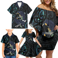 New Zealand Huia Bird Family Matching Off Shoulder Short Dress and Hawaiian Shirt Paua Shell Maori Pattern LT22 - Polynesian Pride