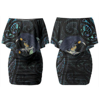 New Zealand Huia Bird Family Matching Off Shoulder Short Dress and Hawaiian Shirt Paua Shell Maori Pattern LT22 Mom's Dress Black - Polynesian Pride