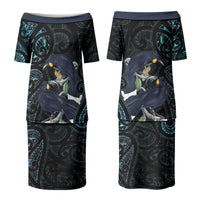 New Zealand Huia Bird Family Matching Puletasi and Hawaiian Shirt Paua Shell Maori Pattern LT22 Mom's Dress Black - Polynesian Pride