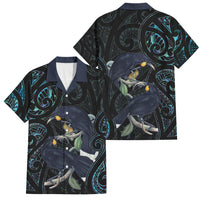 New Zealand Huia Bird Family Matching Puletasi and Hawaiian Shirt Paua Shell Maori Pattern LT22 Dad's Shirt - Short Sleeve Black - Polynesian Pride