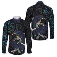 New Zealand Huia Bird Family Matching Puletasi and Hawaiian Shirt Paua Shell Maori Pattern LT22 Dad's Shirt - Long Sleeve Black - Polynesian Pride