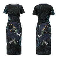 New Zealand Huia Bird Family Matching Short Sleeve Bodycon Dress and Hawaiian Shirt Paua Shell Maori Pattern LT22 Mom's Dress Black - Polynesian Pride