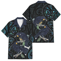 New Zealand Huia Bird Family Matching Short Sleeve Bodycon Dress and Hawaiian Shirt Paua Shell Maori Pattern LT22 Dad's Shirt - Short Sleeve Black - Polynesian Pride