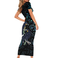 New Zealand Huia Bird Family Matching Short Sleeve Bodycon Dress and Hawaiian Shirt Paua Shell Maori Pattern