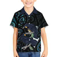 New Zealand Huia Bird Family Matching Short Sleeve Bodycon Dress and Hawaiian Shirt Paua Shell Maori Pattern
