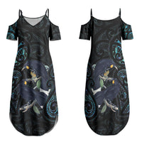 New Zealand Huia Bird Family Matching Summer Maxi Dress and Hawaiian Shirt Paua Shell Maori Pattern LT22 Mom's Dress Black - Polynesian Pride