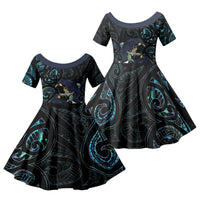 New Zealand Huia Bird Family Matching Summer Maxi Dress and Hawaiian Shirt Paua Shell Maori Pattern LT22 Daughter's Dress Black - Polynesian Pride