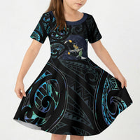 New Zealand Huia Bird Kid Short Sleeve Dress Paua Shell Maori Pattern LT22 KID Black - Polynesian Pride
