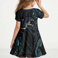New Zealand Huia Bird Kid Short Sleeve Dress Paua Shell Maori Pattern LT22 - Polynesian Pride