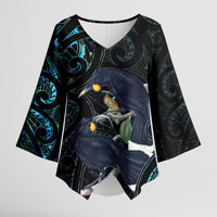 New Zealand Huia Bird Kimono Sleeve Blouse Paua Shell Maori Pattern