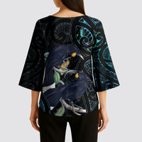 New Zealand Huia Bird Kimono Sleeve Blouse Paua Shell Maori Pattern