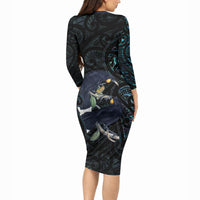 New Zealand Huia Bird Long Sleeve Bodycon Dress Paua Shell Maori Pattern LT22 - Polynesian Pride