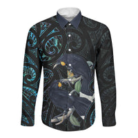 New Zealand Huia Bird Long Sleeve Button Shirt Paua Shell Maori Pattern LT22 Unisex Black - Polynesian Pride