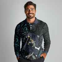 New Zealand Huia Bird Long Sleeve Polo Shirt Paua Shell Maori Pattern