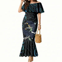 New Zealand Huia Bird Mermaid Dress Paua Shell Maori Pattern LT22 Women Black - Polynesian Pride