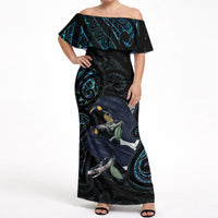 New Zealand Huia Bird Off Shoulder Maxi Dress Paua Shell Maori Pattern LT22 Women Black - Polynesian Pride
