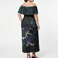 New Zealand Huia Bird Off Shoulder Maxi Dress Paua Shell Maori Pattern LT22 - Polynesian Pride