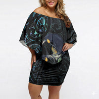 New Zealand Huia Bird Off Shoulder Short Dress Paua Shell Maori Pattern LT22 Women Black - Polynesian Pride