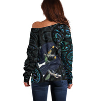 New Zealand Huia Bird Off Shoulder Sweater Paua Shell Maori Pattern