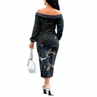 New Zealand Huia Bird Off The Shoulder Long Sleeve Dress Paua Shell Maori Pattern LT22 - Polynesian Pride