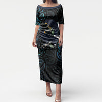 New Zealand Huia Bird Puletasi Paua Shell Maori Pattern LT22 Long Dress Black - Polynesian Pride