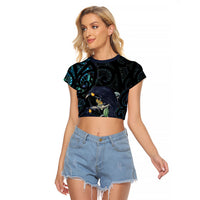 New Zealand Huia Bird Raglan Cropped T Shirt Paua Shell Maori Pattern