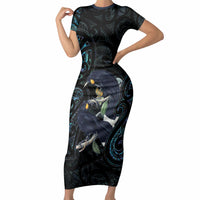 New Zealand Huia Bird Short Sleeve Bodycon Dress Paua Shell Maori Pattern LT22 Long Dress Black - Polynesian Pride
