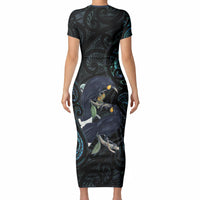 New Zealand Huia Bird Short Sleeve Bodycon Dress Paua Shell Maori Pattern LT22 - Polynesian Pride