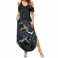 New Zealand Huia Bird Summer Maxi Dress Paua Shell Maori Pattern LT22 Women Black - Polynesian Pride