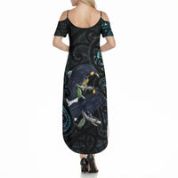New Zealand Huia Bird Summer Maxi Dress Paua Shell Maori Pattern LT22 - Polynesian Pride