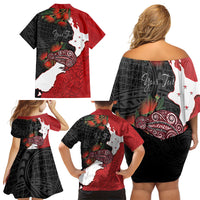 Kiwi New Zealand Personalised Family Matching Off Shoulder Short Dress and Hawaiian Shirt NZ Map Pohutukawa Fern Maori Pattern