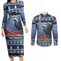 New Zealand Tui Bird Christmas Couples Matching Long Sleeve Bodycon Dress and Long Sleeve Button Shirt Pohutukawa Xmas Tree Meri Kirihimete LT22 Blue - Polynesian Pride