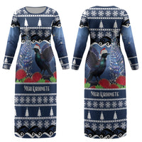 New Zealand Tui Bird Christmas Couples Matching Long Sleeve Bodycon Dress and Long Sleeve Button Shirt Pohutukawa Xmas Tree Meri Kirihimete LT22 - Polynesian Pride
