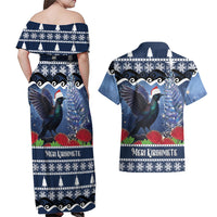 New Zealand Tui Bird Christmas Couples Matching Off Shoulder Maxi Dress and Hawaiian Shirt Pohutukawa Xmas Tree Meri Kirihimete