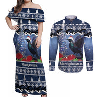 New Zealand Tui Bird Christmas Couples Matching Off Shoulder Maxi Dress and Long Sleeve Button Shirt Pohutukawa Xmas Tree Meri Kirihimete