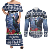 New Zealand Tui Bird Christmas Couples Matching Off Shoulder Maxi Dress and Long Sleeve Button Shirt Pohutukawa Xmas Tree Meri Kirihimete LT22 Blue - Polynesian Pride