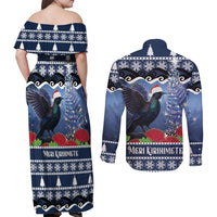 New Zealand Tui Bird Christmas Couples Matching Off Shoulder Maxi Dress and Long Sleeve Button Shirt Pohutukawa Xmas Tree Meri Kirihimete