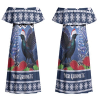 New Zealand Tui Bird Christmas Couples Matching Off Shoulder Maxi Dress and Long Sleeve Button Shirt Pohutukawa Xmas Tree Meri Kirihimete LT22 - Polynesian Pride