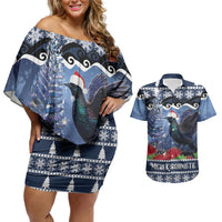 New Zealand Tui Bird Christmas Couples Matching Off Shoulder Short Dress and Hawaiian Shirt Pohutukawa Xmas Tree Meri Kirihimete LT22 Blue - Polynesian Pride