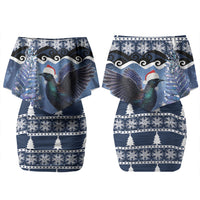 New Zealand Tui Bird Christmas Couples Matching Off Shoulder Short Dress and Hawaiian Shirt Pohutukawa Xmas Tree Meri Kirihimete LT22 - Polynesian Pride