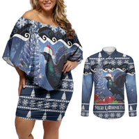 New Zealand Tui Bird Christmas Couples Matching Off Shoulder Short Dress and Long Sleeve Button Shirt Pohutukawa Xmas Tree Meri Kirihimete LT22 Blue - Polynesian Pride