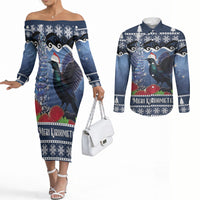 New Zealand Tui Bird Christmas Couples Matching Off The Shoulder Long Sleeve Dress and Long Sleeve Button Shirt Pohutukawa Xmas Tree Meri Kirihimete LT22 Blue - Polynesian Pride