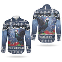 New Zealand Tui Bird Christmas Couples Matching Off The Shoulder Long Sleeve Dress and Long Sleeve Button Shirt Pohutukawa Xmas Tree Meri Kirihimete LT22 - Polynesian Pride